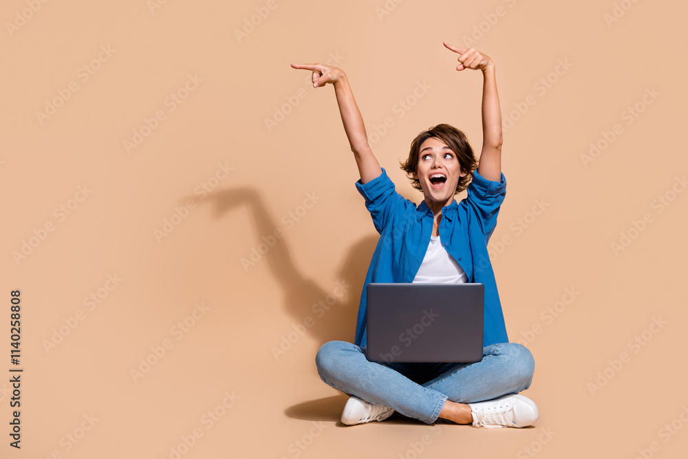 Aufkleber full body size photo of young modern technologies engineer woman direct fingers settings with netboo