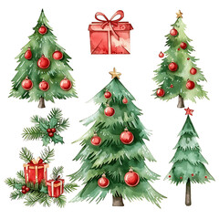 Watercolor Christmas Trees Collection Decorated Festive Pine Trees with Ornaments. Cute christmas winter elements