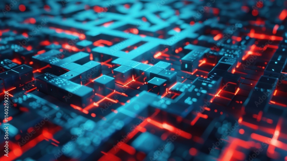 Poster complex network of interconnected cubes illustrating big data flowing through futuristic server circ