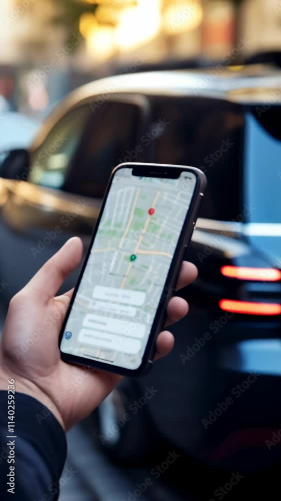 Poster businessman holding a smartphone showcasing a navigation app with a detailed map and location pins, 