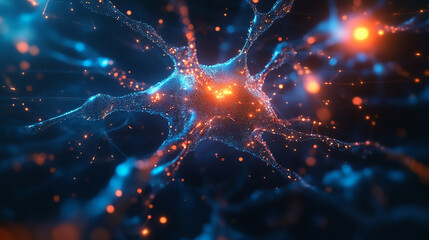 Obraz premium A close up of a brain with a blue and orange glow. The image is of a neuron, which is a nerve cell. The neuron is surrounded by a blue and orange glow, which gives the image a surreal