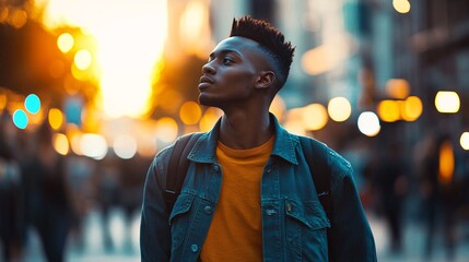 Fototapeta premium Young student looking up while walking in city at sunset