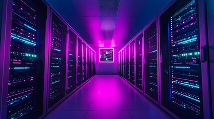 Fototapeta premium Futuristic Server Room Neon Lights and High-Tech Data Center Infrastructure