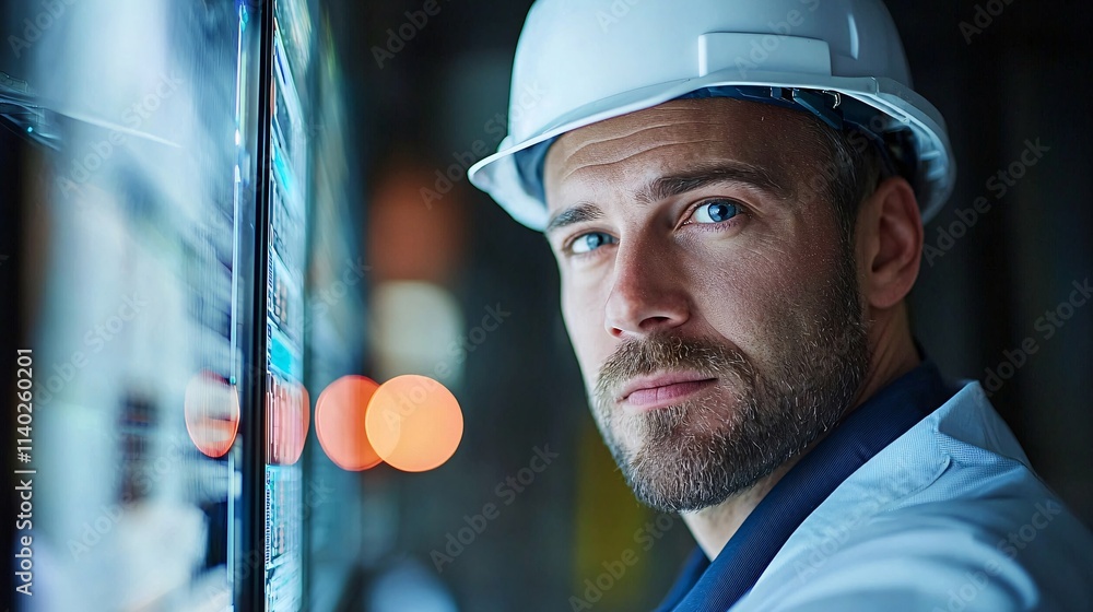 Aufkleber Workers operating advanced technology screens monitoring refinery processes Stock Photo with side copy space