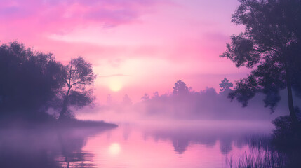 Serene Sunrise Over Misty Lake Lavender Hues and Silhouetted Trees