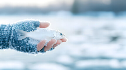Close-up of a frost-covered hand holding a tiny frozen fish against a blurred snowy background, perfect for ice fishing campaigns, winter-themed blogs, and outdoor lifestyle content. Selective focus