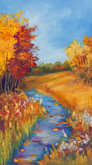 A vibrant autumn landscape featuring a serene stream surrounded by colorful foliage.