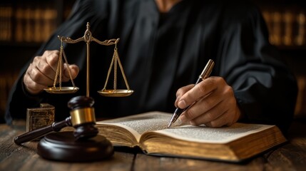 Judge's hands hold scales and pen, writing in law book.