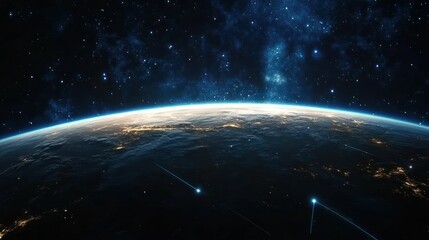 Earth from space at night, with city lights visible, meteors streaking across the dark cosmos.