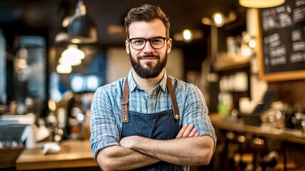Obraz premium Portrait of confident barista smiling with crossed arms in coffee shop