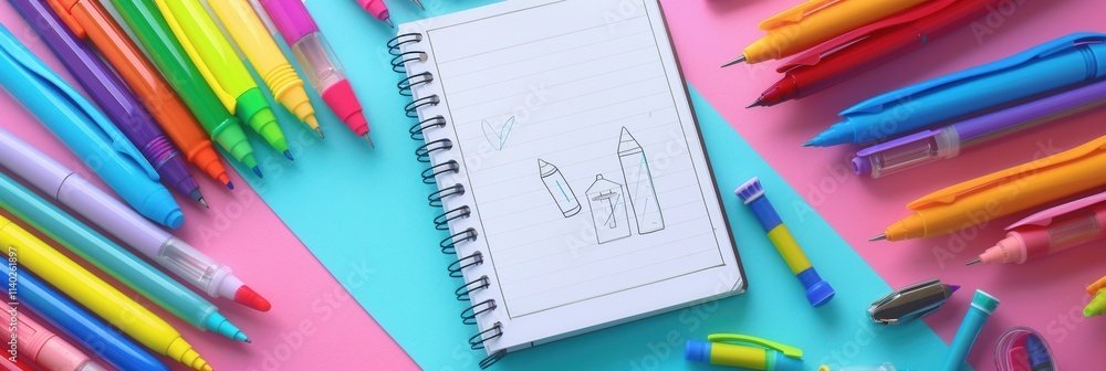 Poster creative workspace filled with colorful markers and a sketchbook showcasing artistic designs. genera