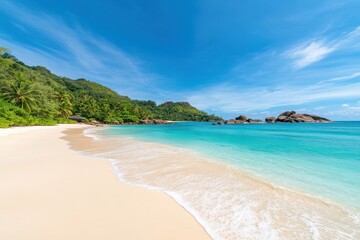 A serene beach scene featuring clear turquoise waters, soft sand, and lush greenery under a bright blue sky.