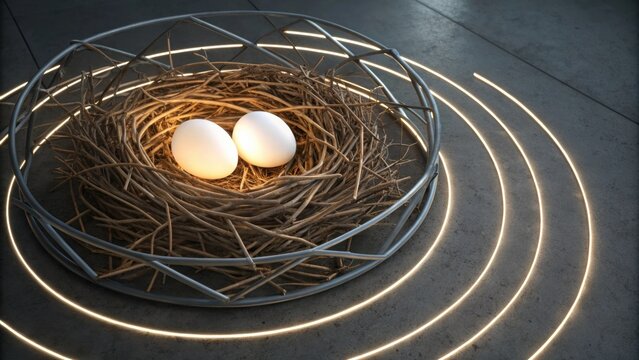 Two illuminated eggs are nestled within a bird's nest crafted from twigs and branches. Encircled by a neon light installation. Creating a captivating contrast between natural and artificial elements - Powered by Adobe