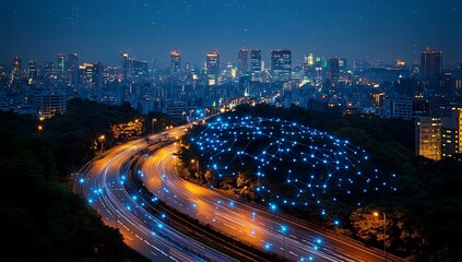 Fototapeta premium Night Cityscape Highway Illuminated Network Connections
