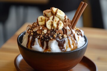 A revitalizing Japanese shaved ice dessert topped with chocolate crumble banana almonds caramel syrup and a cinnamon stick similar to Korean Bingsu