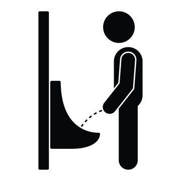 Standing man peeing to a urinal in the restroom vector icon. Male toilet symbol. WC sign. Black silhouette isolated on white background.