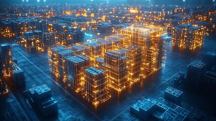 Glowing Holographic Warehouse Blueprint for Strategic Logistics Planning and Space Management