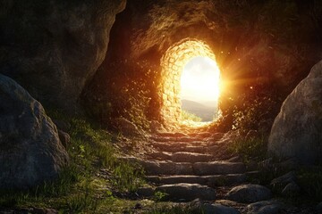 A depiction of the empty tomb with a glowing light emanating from within