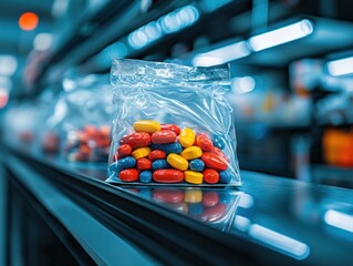 pills in plastic bag, plastic bag with pills on pharmacy countertop, pharmacy countertop