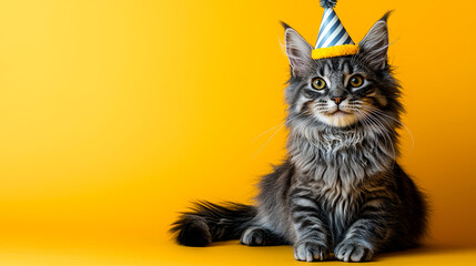Obraz premium Cute Maine Coon kitten wearing a party hat against a yellow background.