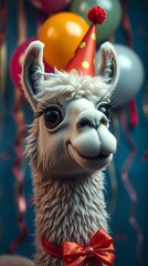 Festive cartoon llama wearing a party hat and bow tie in a colorful celebration setting