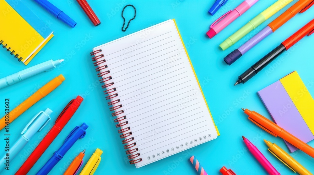 Poster colorful arrangement of stationery items around an empty notepad on a vibrant blue background attrac