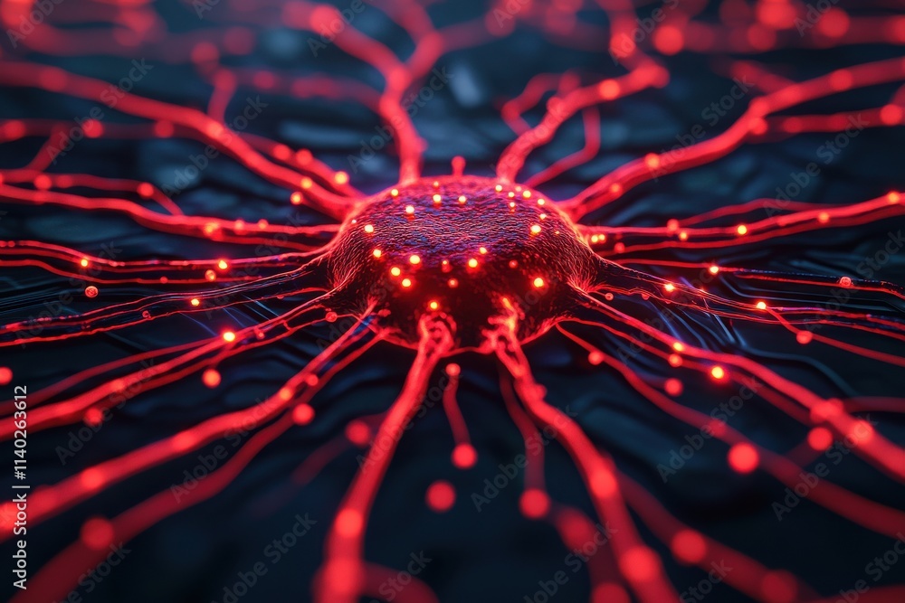 Poster a vibrant cellular network illustrating the intricate connection of nerves in red hues against a dar