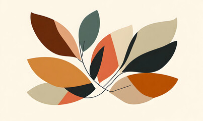 Naklejka premium Abstract illustration of colorful leaves arranged artistically on a light background.