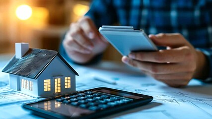 In a modern workspace, an architect examines a digital model of a home on a tablet, entering construction costs into a calculator with blueprints nearby. - Powered by Adobe