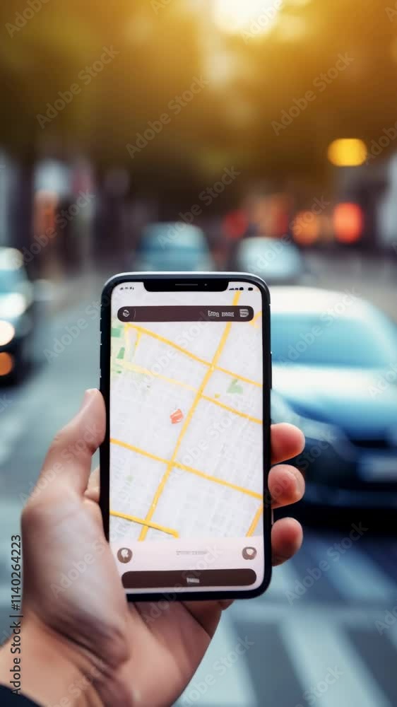 Aufkleber Hand holding a smartphone displaying a navigation app with a map and location pin, indicating searching for directions or planning a route in a busy city street environment