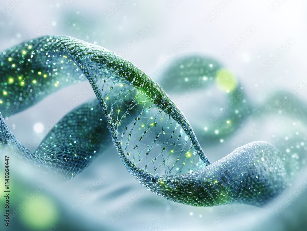 Poster abstract representation of dna strands with glowing particles and waves.