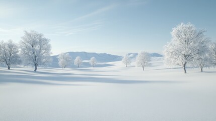 Obraz premium Serene Frost-Covered Valley - Ethereal Winter Landscape with Glistening Snow in the Pale Morning Light, Photorealistic Scenery