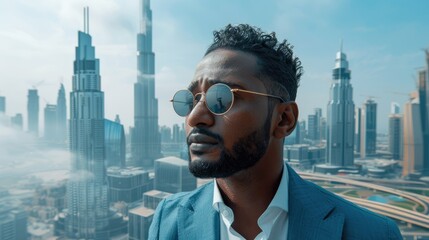 A man in sunglasses stands against a skyline, exuding confidence and style.