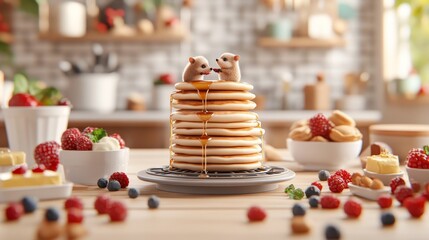 Naklejka premium Miniature Hedgehogs Cooking Pancakes in Tiny Kitchen with Syrup and Berries, Photorealistic Food Scene