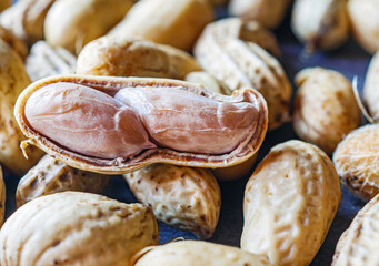 Close-up of boiled peanuts, Many fresh  peanuts as background, top view