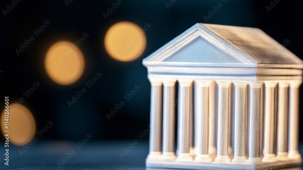 Poster miniature classical building with columns and bokeh lights