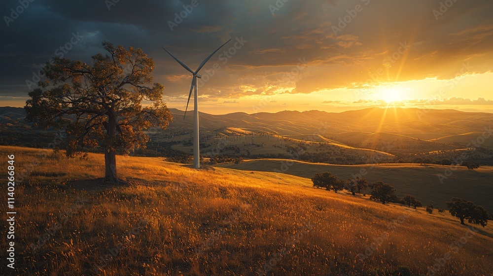 Poster wind turbines on rolling hills with golden sunlight reflecting off the blades stock photo with side 