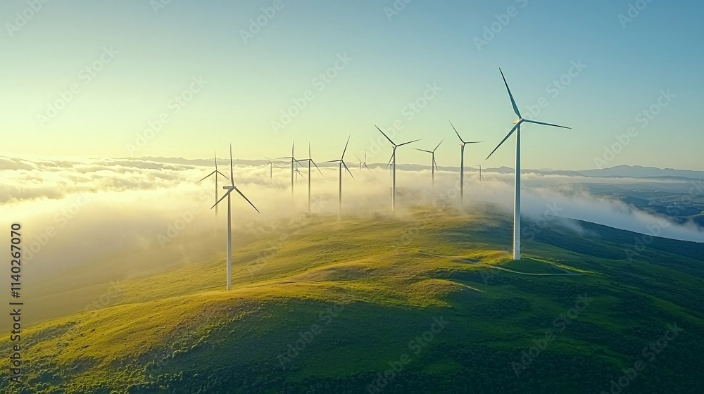 Poster aerial view of a wind farm with dozens of turbines generating clean energy stock photo with side cop