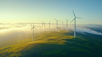 Aerial view of a wind farm with dozens of turbines generating clean energy Stock Photo with side copy space