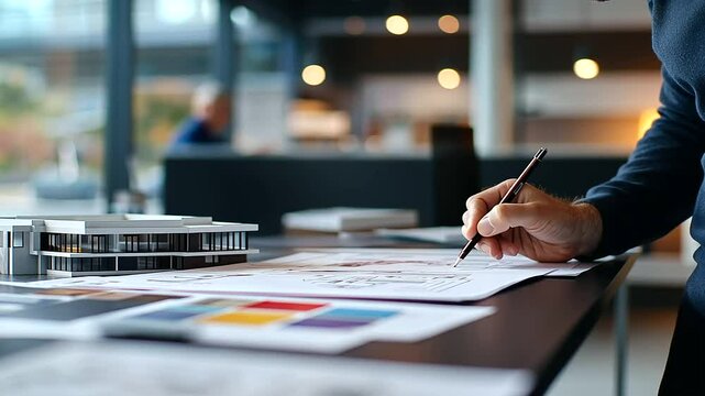 An architect reviews a physical model of a home alongside a printed blueprint, calculating construction costs, with swatches and material samples on the desk.