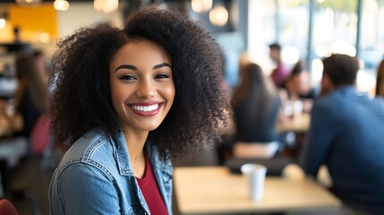 Fototapeta premium Happy young woman smiling in busy coffee shop