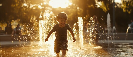 Obraz premium A young boy splashes through a fountain, laughing as sunlight reflects off the water. The scene captures carefree joy in a vibrant public park during the afternoon.