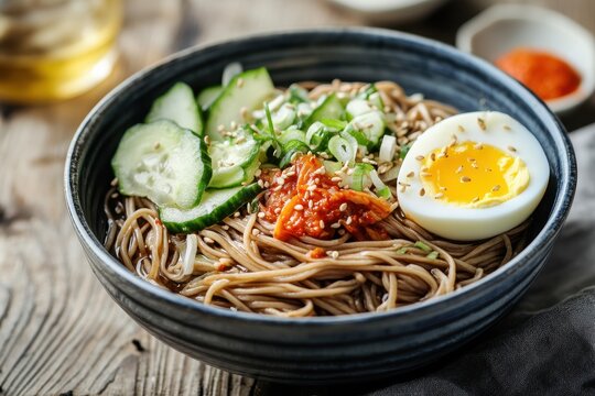 Bibim naengmyeon features buckwheat noodles Chill and drain then add raw skate salad or beef radish cucumber and boiled egg serving it cold with sweetened gochu