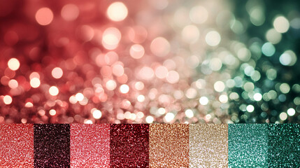 Red, green, and pastel tones with iridescent glitter textures, creating a vibrant and metallic bokeh-inspired color palette 