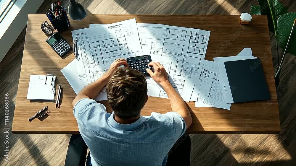 Poster an architect sitting at a modern desk with a calculator, referencing detailed architectural plans sp