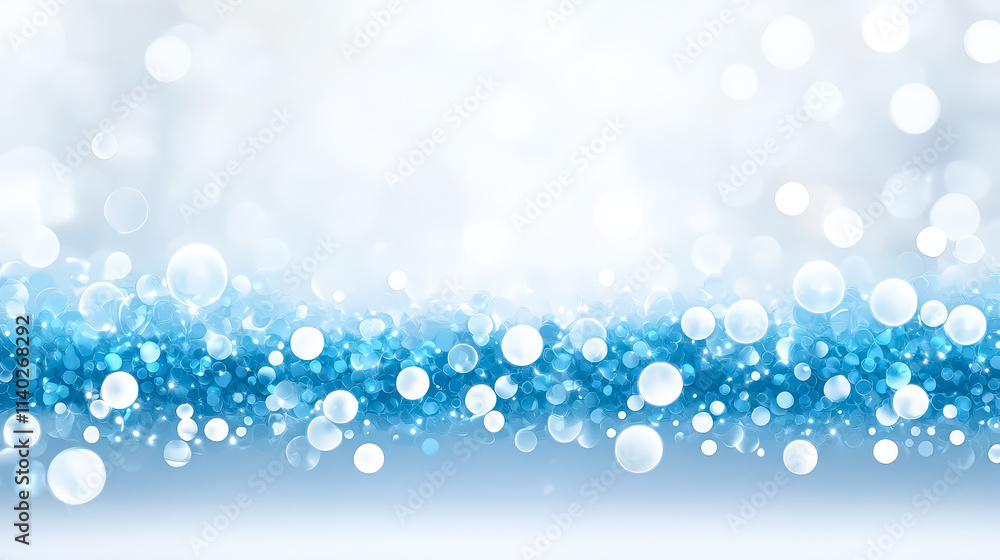Poster Bright blue and white bokeh background with shimmering circles and soft light effects. Perfect for background use in videos and projects