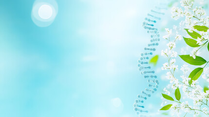Soft blue background with flowers and DNA strand symbolizing nature and science during a sunny day