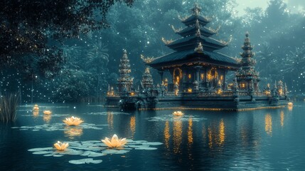 Obraz premium Tranquil Balinese Temple on Reflective Lake with Lotus Holograms and Neon Stone Statues; Futuristic Algae Glow, Photorealistic Scene