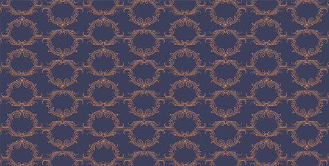 Sophisticated vector pattern featuring a repeating motif of ornate scrolls and curves, perfect for luxury design. An intricate floral design in gold on a deep blue background.