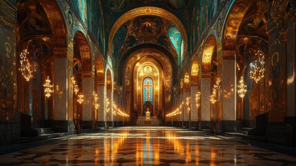 Majestic Byzantine Church with Modern Illumination and Digital Elements in Photorealistic Rendering